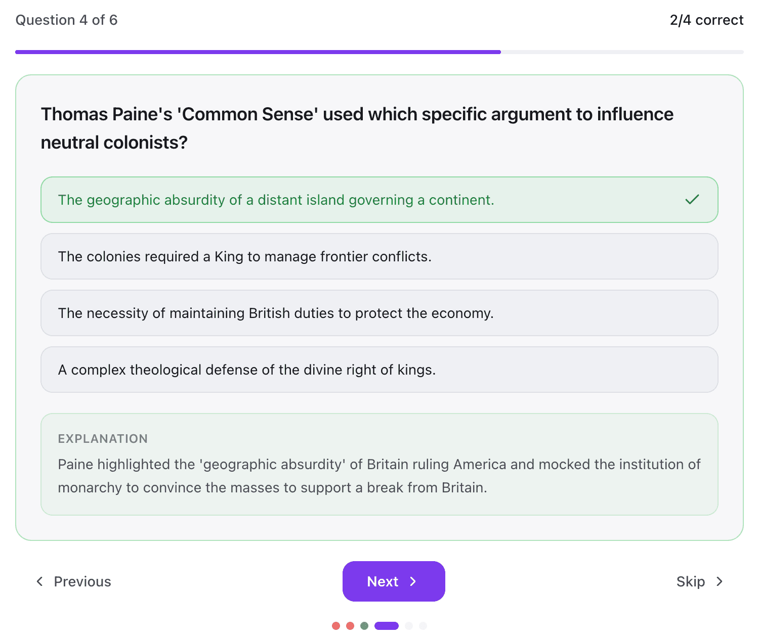 Lectify quiz screen with a correct answer and feedback
